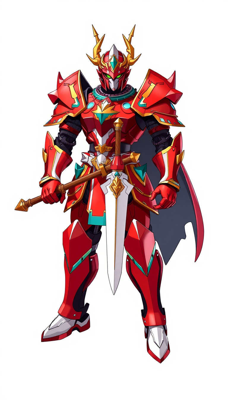This digital 2D illustration features a heroic armored knight in a dynamic full-body standing pose, poised for action against a pure white studio background. The fantasy warrior is clad in pristine, high-detail red and gold armor with a white chest plate, a dragon-like helmet sporting prominent golden horns, and a highly ornate sword. Embracing a contemporary anime and mecha aesthetic, the artwork utilizes hard-edged vector line art with flat color fills and crisp cel shading. The high-saturation palette is accented by sharp teal elements, creating a strong contrast between light and dark planes with minimal gradient transitions. Illuminated by diffuse, frontal studio lighting, the character's smooth, non-textured armor plates exhibit clean specular highlights. The entire centered composition remains in uniform, sharp focus on a single flat plane, delivering a powerful and pristine character sheet with infinite depth of field. 9:16 aspect ratio.