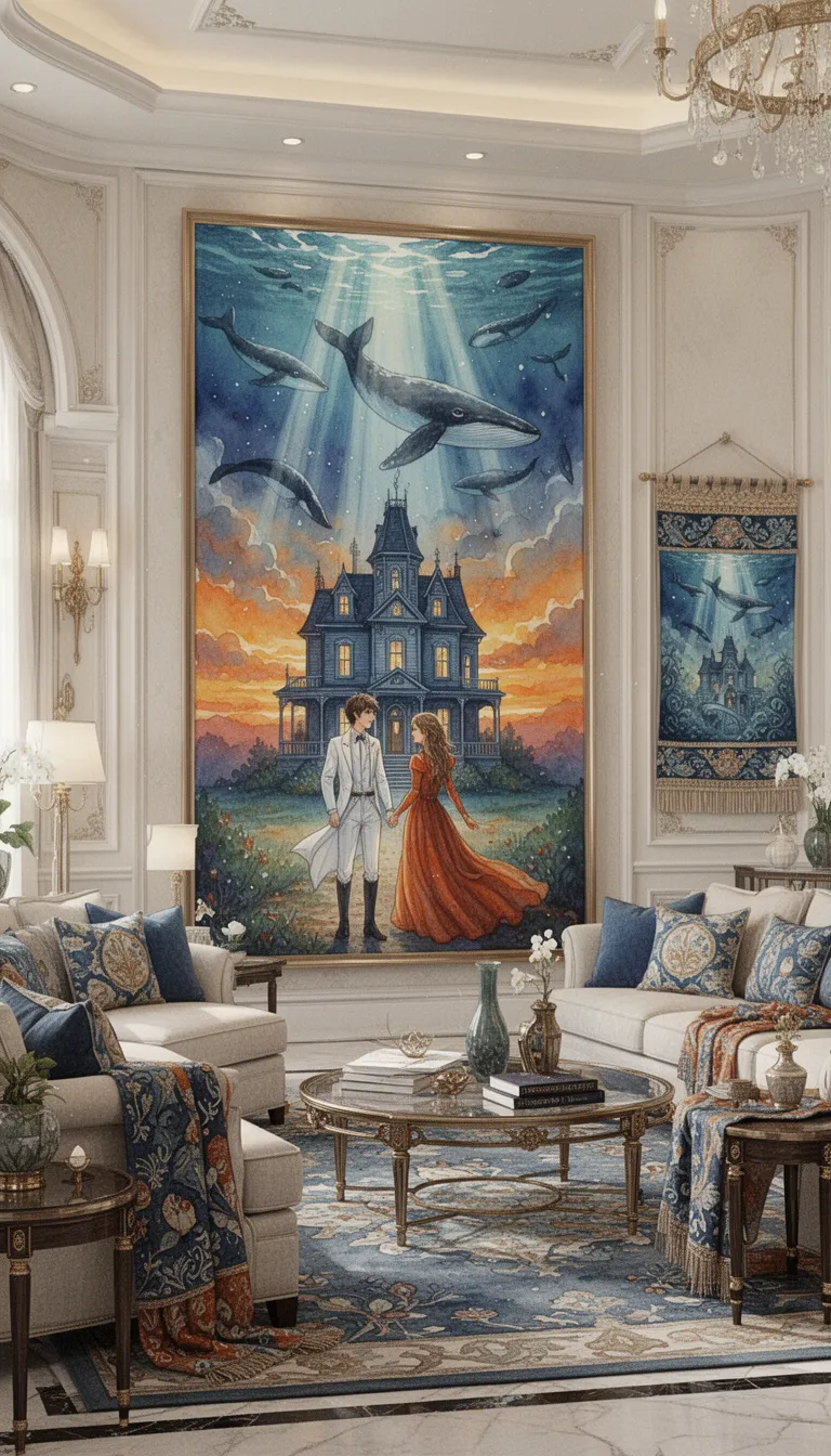 a luxurious, spacious living room designed in a sophisticated british watercolor style. the room features elegant, high-end furnishings and a harmonious color palette of warm sunset oranges and cool ocean blues. a framed wall painting, showcasing a young man in white and a young woman in a flowing deep orange dress, stands before a victorian haunted house at sunset, is prominently displayed. above them, a celestial ocean forms the sky, with impossibly large whales gliding through the suspended sea, dwarfing the house and characters. dramatic shafts of sunlight stream through the water and clouds, illuminating the scene. the artwork's composition, orientation, and color scheme are preserved. additional decorative elements include a woven tapestry wall hanging inspired by the original image, decorative cushions, and textiles, all contributing to a cohesive designer interior with premium materials and realistic architectural details. the overall atmosphere is dreamlike fantasy realism, with breathtaking scale and a palpable sense of atmospheric depth, rendered with watercolor blooms, pigment granulation, and torn deckled edges on cold-pressed paper.