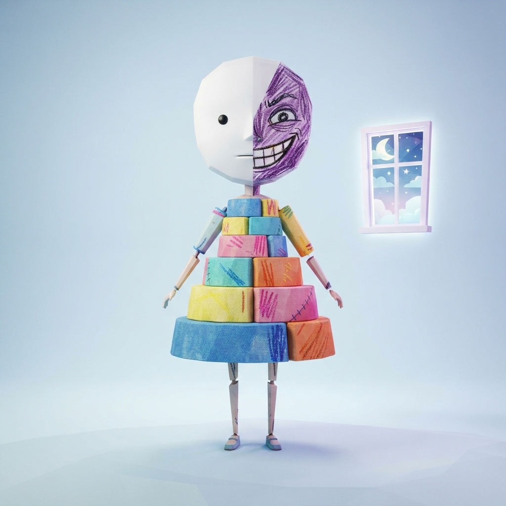 surreal low poly girl character, face split diagonally, one side flat white porcelain with a calm dot eye, other side scratchy dark purple crayon texture with a wide grin, bell shaped dress made of stacked cylinders, thin stick legs, dreamlike pale blue void with a single floating window, mixed media art style, full body