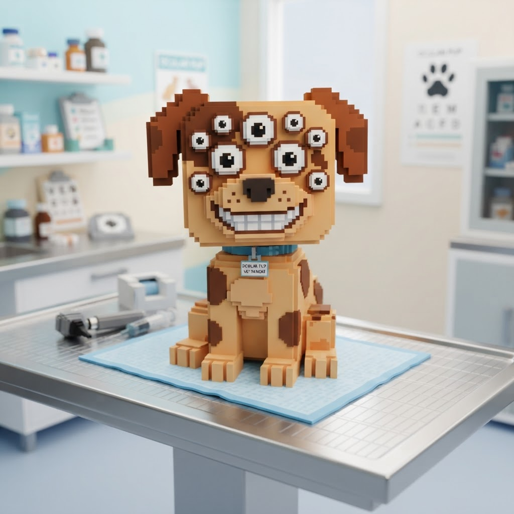 original character: a blocky voxel style cartoon dog patient sitting on a vet examination table, slightly too many eyes, unsettling friendly grin, Roblox-like stylized 3D blocky character render, clean soft gradient studio background, vibrant, crisp high detail