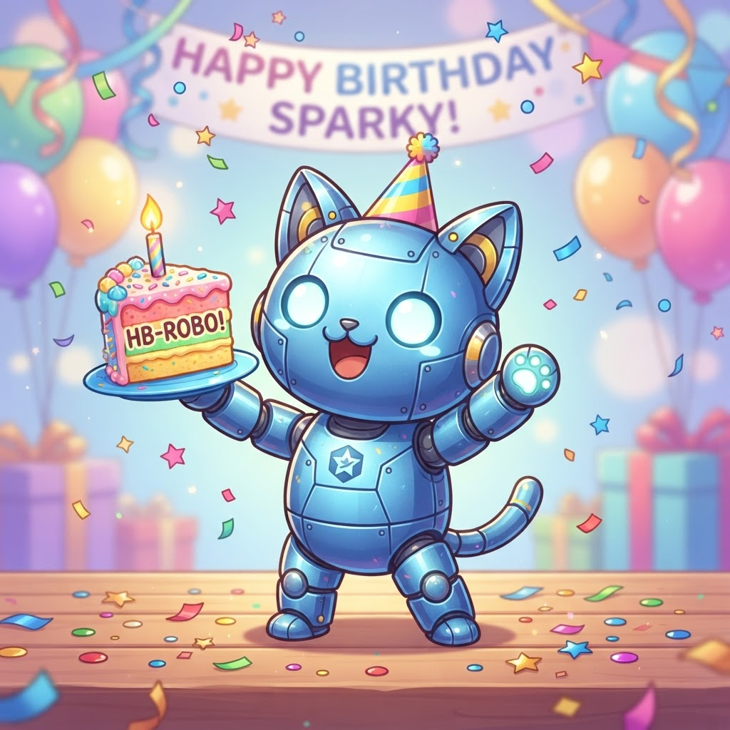 Chibi original robot cat character celebrating with birthday cake and confetti, blue metallic body, round eyes, cute cartoon anime illustration style