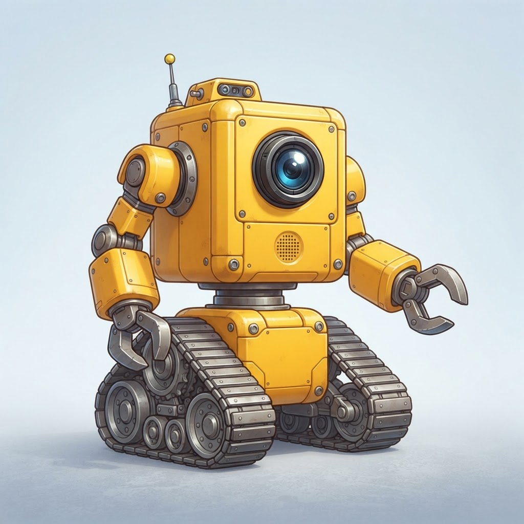 a friendly boxy yellow robot character with tank treads instead of legs, one big round camera eye and chunky claw arms, smooth clean unpainted plating, full body original character design, plain soft gradient background, vibrant, crisp high detail, digital illustration, no text, no words, no numbers, no logos, no watermark