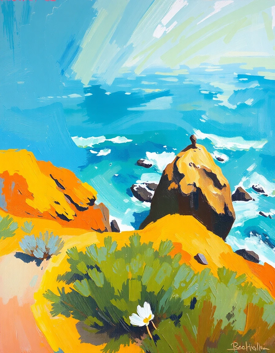 bay area figurative painting style with broad gestural brushwork, thick impasto texture, warm california yellow tones, luminous oceanic blues, light‑filled atmosphere, expressive sweeping strokes, rich layered paint, vibrant coastal color palette, dynamic painterly composition.