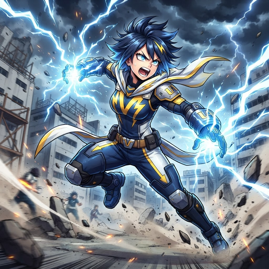 original My Hero Academia style anime hero student, teenage girl with an electric storm quirk, crackling blue lightning arcing from her hands, dynamic action pose, U.A. hero costume with bold colors, MHA anime art style