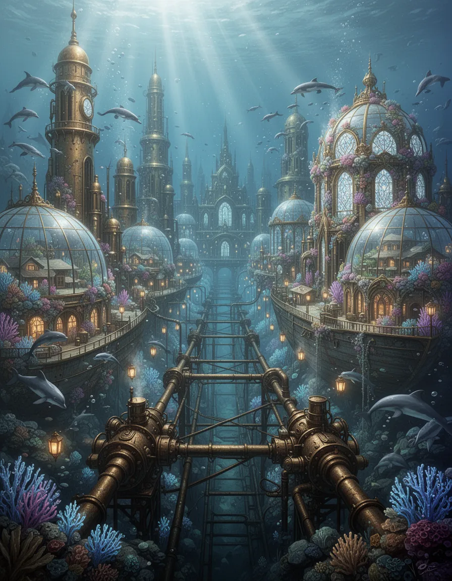 in a vast, awe-inspiring underwater steampunk fantasy world, a colossal submerged civilization sprawls across the ocean floor, its core a dizzying complex of towering brass and copper megastructures seamlessly fused with ancient coral reefs. majestic, grandiose megastructures, polished to a warm, golden sheen by decades of coral encrustation, punctuate the cityscape. amidst these architectural marvels, enormous glass domes house thriving districts, their delicate walls reflecting sunbeams that, from afar, seem to pierce through the dark ocean depths like slender fingers of an unseen force.
as we descend into the heart of the steampunk metropolis, sprawling underwater streets reveal a stunning blend of natural beauty and industrial ingenuity. rusted metal frameworks support bioluminescent coral forests that pulse and shimmer like ethereal lanterns along the winding avenues, while giant shipwrecks, transformed by the city's ingenious engineers into vibrant neighborhoods, attract swarms of dolphins, whales, and other marine life drawn by the sounds of hissing pipes, chugging engines, and the soft thud of machinery beating in rhythm with the ocean's relentless pulse.
in the distance, we spy the majestic, ancient mechanical palaces encrusted with glistening sea life - each delicate, crystal window an invitation into the opulent, imperial world of an underwater kingdom. the mysteries of this aquatic realm only deepen as we delve into the depths, where great, mechanical behemoths anchor pipelines, propulsion systems, and an intricate network of steam-driven machinery, harmoniously intertwined with the ever-changing patterns of the ocean's living ecosystems.
the result is an experience akin to being suspended within a glittering, crystalline web, an enchanted dreamcape of breathtaking mystery and, victorian-era-inspired engineering, masterfully entwined with the raw beauty of nature. steeped in an atmosphere of epic scale, cinematic majesty, this awe-inspiring underwater metropolis beckons explorers to immerse themselves in its unparalleled wonder and beauty - a veritable epicenter of artistic expression and ultra-detailed worldbuilding, as one delves into the uncharted realms of this mesmerizing 4k masterpiece, infused with the mesmerizing symphony of nature and machinery in dazzling harmony.