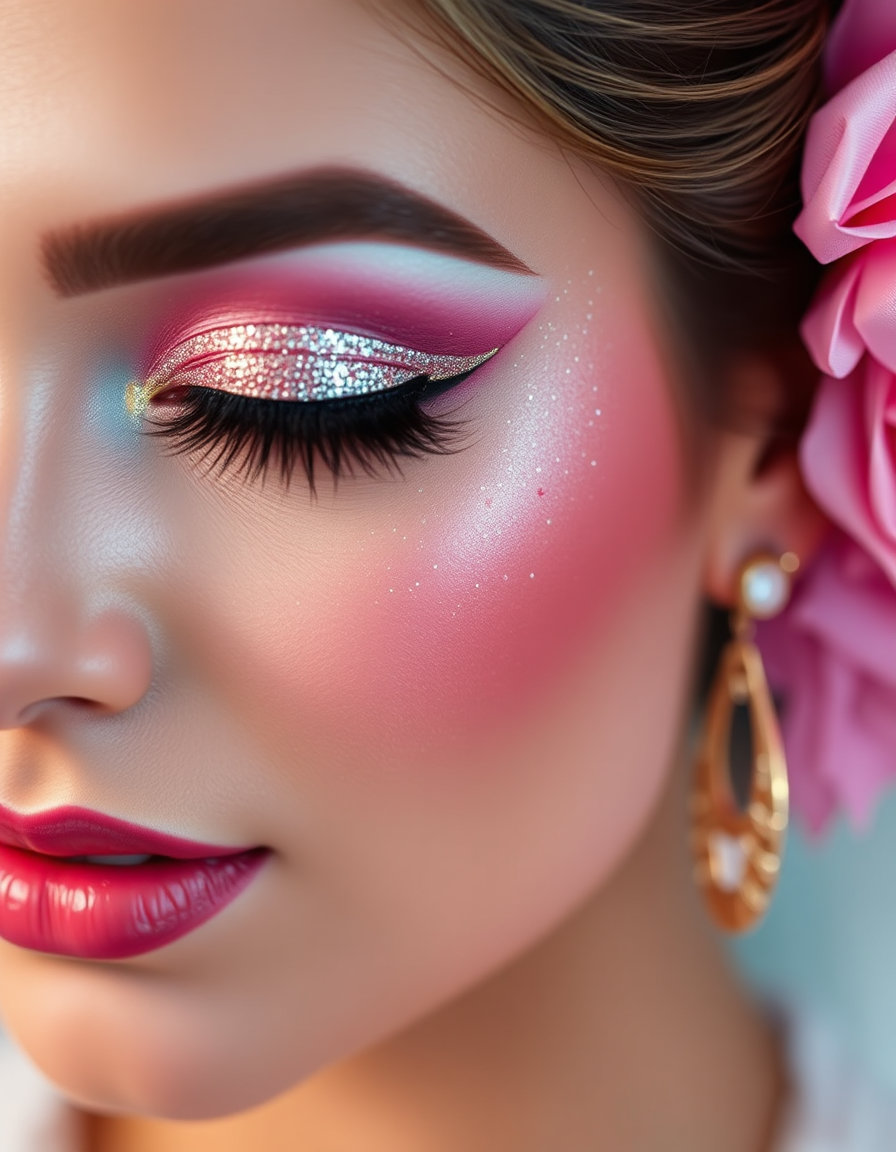 in a close-up perspective, a delicate yet explosive makeup design adorns the eyes of a bride in the kashees style, capturing the essence of a vibrant wedding scene. the complexion features an acid pastel palette, as tender pastel hues of soft pink, mint, and baby blue gradually give way to sudden and jarring flashes of neon lime and electric magenta, creating a visually striking contrast that seems both fragile and intense. the gentle and toxic coexist in a dynamic balance that vibrates before the eye.

upon this pastel backdrop, an abstract explosion of pink and gold erupts, imbuing the overall design with an aura of chaotic energy and celebratory flair. rich, luscious pink hues swirl and blend, imbued with flecks of warm, sun-kissed gold, evoking a sense of joyous abandon.

as the eye travels along the bride's face, it settles upon the stunning makeup design, which showcases a trendy yet elegant fusion of sparkle and glamour. thick, glittery eyeliner dances along the lash line, leaving trails of shimmering gold and rose in its wake. the eyelids themselves are painted with a blend of soft pastels and neon accents, giving the appearance of sparkling jewels glistening in the light.

glittering accents, in hues of rose gold and pastel pink, are sprinkled across the eyelids, creating a breathtaking mosaic of color and light. the entire design seems to shimmer and shine, as if kissed by the magic of a fairytale wedding, transporting the viewer to a world of love, joy, and celebration.