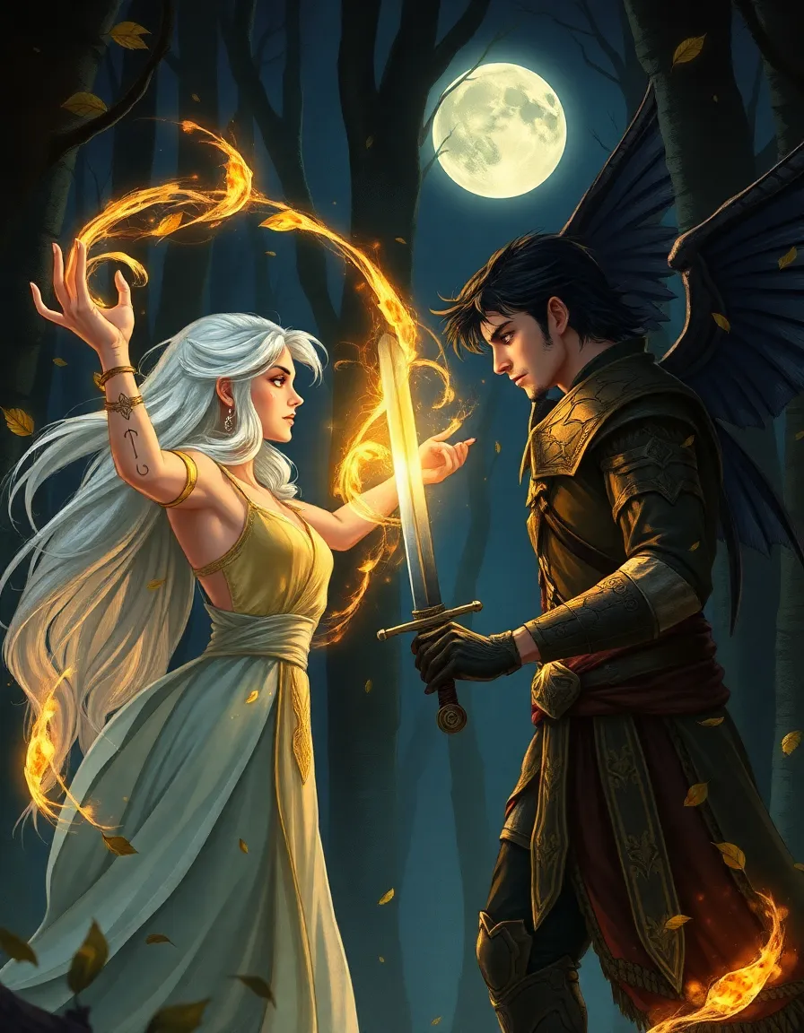 A realistic human hand-drawn, clean digital fantasy character art illustration of two fae locked in a tense magical duel inside an ancient moonlit forest. One fae, a silver-haired sorceress with glowing runes along her arms, raises her hand to summon a swirl of golden light that bends the air around her. Opposite her stands a dark-winged fae warrior, his expression sharp yet conflicted, sword drawn and eyes glowing faintly. Leaves and embers swirl between them as their magic collides, casting flickering light across the trees. The scene feels cinematic and alive โ emotional tension, power, and movement captured in painterly detail. The art style is semi-realistic with expressive faces, clean digital rendering, and a textured, hand-drawn finish โ like a fantasy novel moment frozen in time.