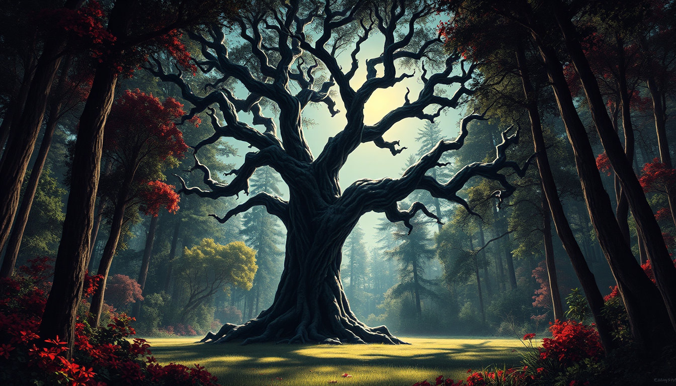 a creepy demonic black tree, its gnarled branches reaching like skeletal fingers, stands ominously in the center of a sun-dappled clearing within a lush, vibrant forest. the atmosphere is steeped in dark lighting, evoking a palpable sense of unease and mystery. the artistic style is reminiscent of j.c. leyendecker, characterized by vibrant, vintage lines, hard-cel shading, and the bold, high-contrast colors of an 80s graphic novel. this aesthetic is rendered as a digital oil painting, possessing a hyper-realistic quality with rich textures. the overall medium is painterly, conveying a hand-crafted feel with fine brushwork, layered glazes, and natural textures, akin to a matte painting for the background elements and concept-art refinement for the central subject.