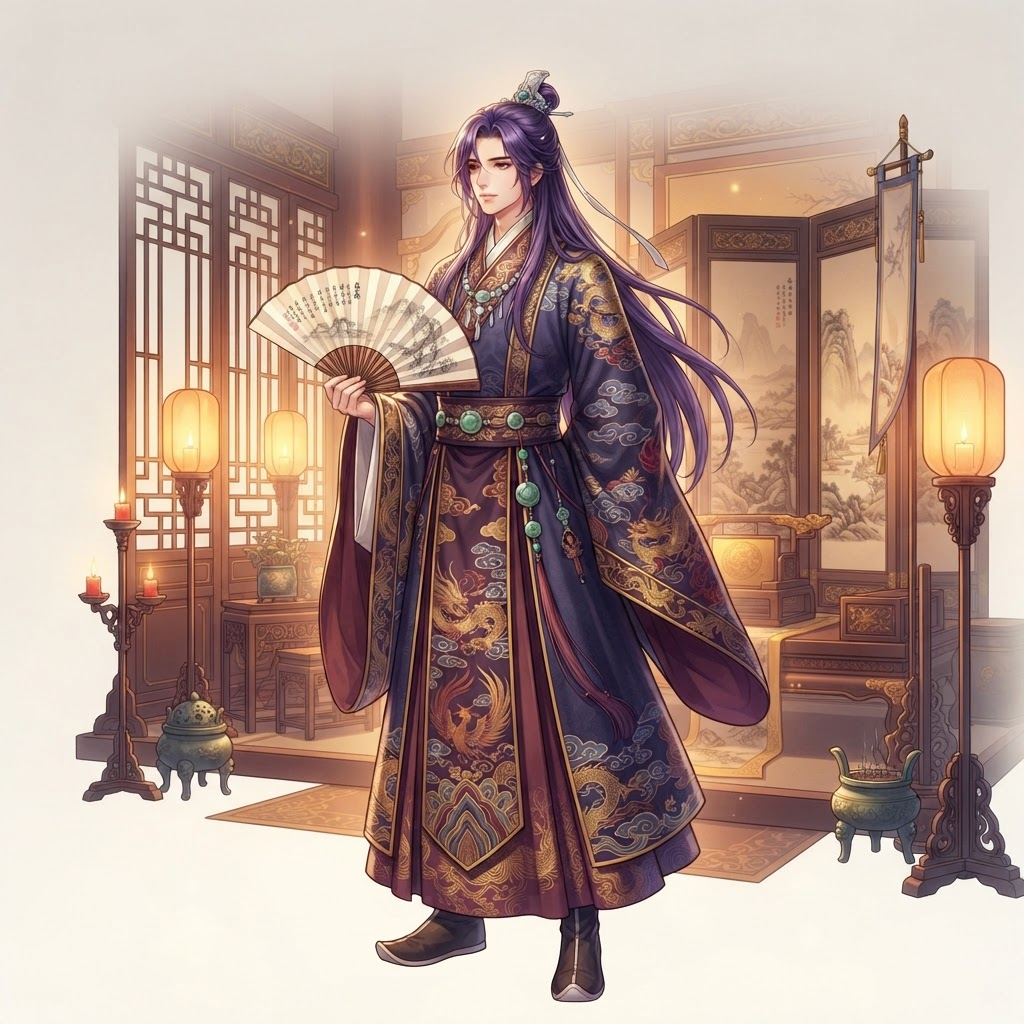elegant anime court official with long flowing purple hair, historical chinese imperial palace setting, silk robes, fan in hand, soft candlelight, clean soft gradient studio background, vibrant, crisp high detail, digital illustration, no text, no words