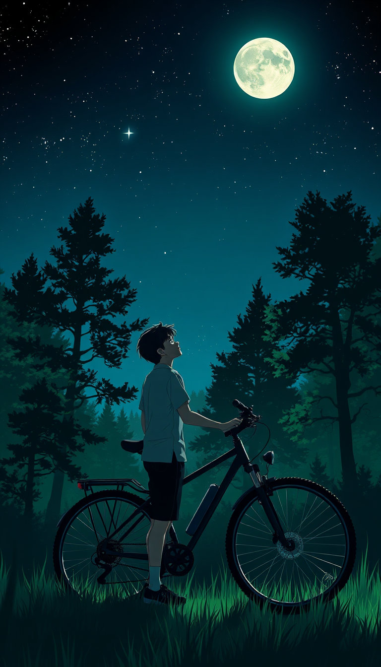 anime-style tall handsome boy standing beside his black bike under a moonlit night sky, gazing at a bright solitary moon and sparkling silver stars, surrounded by whispery shadows of green trees and grass swaying in a cool breeze, rendered with deep forest to vivid emerald tones, olive mid‑tones and dark moss shadows dominating the palette, while preserving the original clean lines, stark tones and cinematic lighting, dreamy contemplative mood, monochromatic spectral isolation shifted to a green‑centric color story.