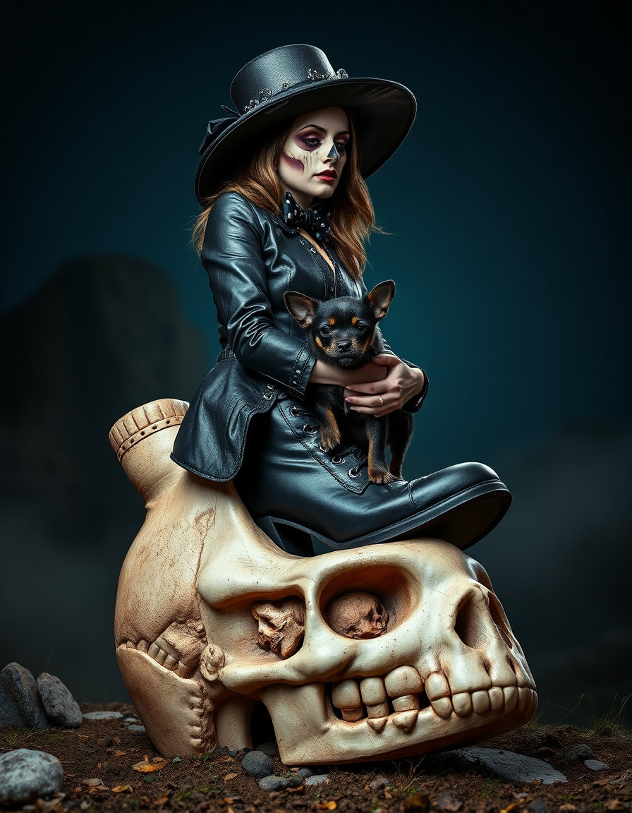 une femme élégante en chapeau skull gothique de cuir noir et bottines courtes à motif skull, assise sur une géante et énorme chaussure skull, tenant amoureusement un petit cochon noir avec des taches sur son dos, monolithic center mass layout, foreground anchor composition, lignes de mouvement rayonnantes, ambiance cinématographique, lumière surnaturelle, palette magenta cyan lime ultraviolet deep black