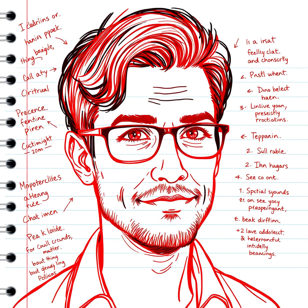 Use my uploaded image. Generate a hand-drawn portrait illustration in red and black pen on notebook paper, inspired by doodle art and comic annotations. Keep full likeness of the subject, expressive lines, spontaneous

gestures, bold outline glow, handwritten notes around, realistic pen stroke texture, 4K resolutionUse my uploaded image. Generate a hand-drawn portrait illustration in red and black pen on notebook paper, inspired by doodle art and comic annotations. Keep full likeness of the subject, expressive lines, spontaneous

gestures, bold outline glow, handwritten notes around, realistic pen stroke texture, 4K resolution