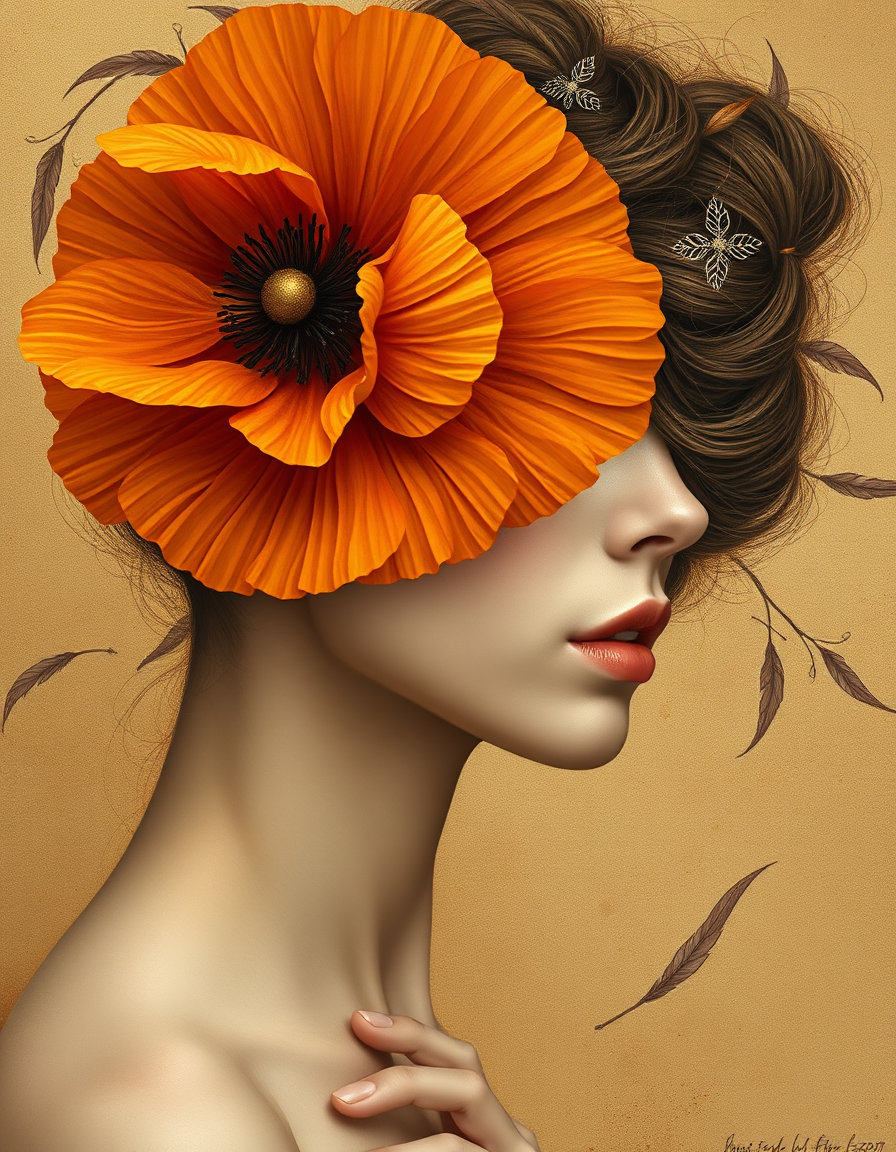 Ethereal fantasy portrait in profile view of a woman facing left, only lower half of face visible from nose to chin with soft, warm-toned skin and muted coral lips. Her eyes are covered by a large, hyper-realistic burnt orange poppy flower with delicate, translucent petals in shades of amber, rust, and deep gold. The flower's center is detailed with fine dark stamens and a warm bronze sphere.
Her hair and neck seamlessly blend into wispy, dried botanical elements, feathers, and filigree-like floral vines in muted terracotta, warm beige, and soft copper tones. The style is a mix of photorealism and digital painting with soft brushstrokes, giving it a dreamy, painterly texture.
Background is textured, warm sand color with subtle brush marks and faint floral sketches, creating a soft, earthy atmosphere. Color palette is warm and rich: burnt orange, amber, terracotta, copper, warm beige. Lighting is soft and golden, high detail, 8K, cinematic mood, surreal and serene. Aspect ratio 4:5.