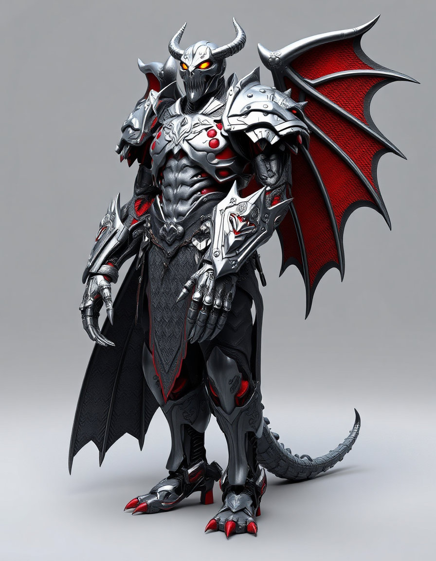 ## Style
- Medium: 3D Digital Sculpture, Photorealistic Rendering
- Technique: Subsurface Scattering, PBR (Physically Based Rendering), High-Fidelity Texturing
- Rendering Approach: Ray Tracing, Global Illumination, Path Tracing
- Color Treatment: Monochromatic Silver-Grey with High-Contrast Crimson Accents
- Value & Contrast: High Dynamic Range (HDR), Deep Blacks, Bright Highlights
- Detail Density: Hyper-Detailed, Micro-Texture Rich, Intricate Ornamentation
- Era / Movement: Cyber-Baroque, Dark Fantasy, Sci-Fi Concept Art

## Subject
- Identity / Type: Armored Warrior, Bio-Mechanical Entity, Demon Knight
- Pose & Gesture: Full Body Standing, Neutral Stance, Symmetrical Weight Distribution, Hands Clenched
- Distinctive Features: Exposed Ribcage, Glowing Amber Eyes, Skull Mask, Red Organic Inserts
- Clothing or Equipment: Ornate Plate Armor, Intricate Filigree, Mechanical Gauntlets, Reinforced Greaves
- Scale & Proportion: Humanoid Scale, Exaggerated Musculature, Heroic Proportions

## Environment
- Location Type: Studio Setting, Neutral Background
- Time of Day: Indeterminate (Studio Lighting)
- Weather & Atmosphere: Controlled Environment, No Atmospheric Distortion
- Foreground Elements: Clean Floor Plane, Minimal Clutter
- Background Elements: Seamless Grey Backdrop, Soft Gradient
- Architectural or Natural Features: None, Abstract Background

## Mood
- Primary Emotional Tone: Menacing, Majestic, Oppressive
- Energy Level: Static but Potent, Tense
- Tension or Calm: High Tension, Imminent Threat
- Genre Association: Dark Fantasy, Sci-Fi Horror, Epic Fantasy

## Lighting
- Light Source(s): Three-Point Lighting Setup, Key Light, Fill Light, Rim Light
- Direction: Frontal Key, Side Fill, Back Rim
- Quality (Hard / Soft): Soft Diffused Key, Hard Rim Light
- Color Temperature: Cool Neutral Key, Warm Amber Eye Glow
- Key-to-Fill Ratio / Contrast: High Contrast, Low Key
- Shadow Character: Soft Shadows, Defined Silhouette
- Atmospheric Light Effects: Subsurface Glow from Eyes, Specular Highlights

## Composition
- Framing & Crop: Full Body Shot, Vertical Orientation
- Camera Angle: Eye-Level, Straight-On View
- Subject Placement: Centered, Symmetrical
- Compositional Rules in Use: Rule of Symmetry, Central Composition
- Depth Layers: Single Plane, Minimal Depth
- Negative Space: Minimal, Focused on Subject

## Texture
- Primary Materials: Polished Metal, Organic Red Material, Bone-like Textures
- Surface Quality: Smooth, Reflective, Intricate Carvings
- Reflectivity & BRDF Character: Anisotropic Specular, High Gloss, Metallic Sheen
- Wear, Patina, & Imperfections: Clean Surfaces, No Visible Wear, Pristine Condition

## Camera
- Shot Type: Full Body Portrait
- Implied Focal Length: 85mm-Equivalent, Medium Telephoto
- Depth of Field & Aperture Feel: Deep Depth of Field, f/8-Equivalent
- Bokeh Character: Minimal Bokeh, Sharp Focus Throughout
- Lens Artifacts: None, Clean Optical Quality