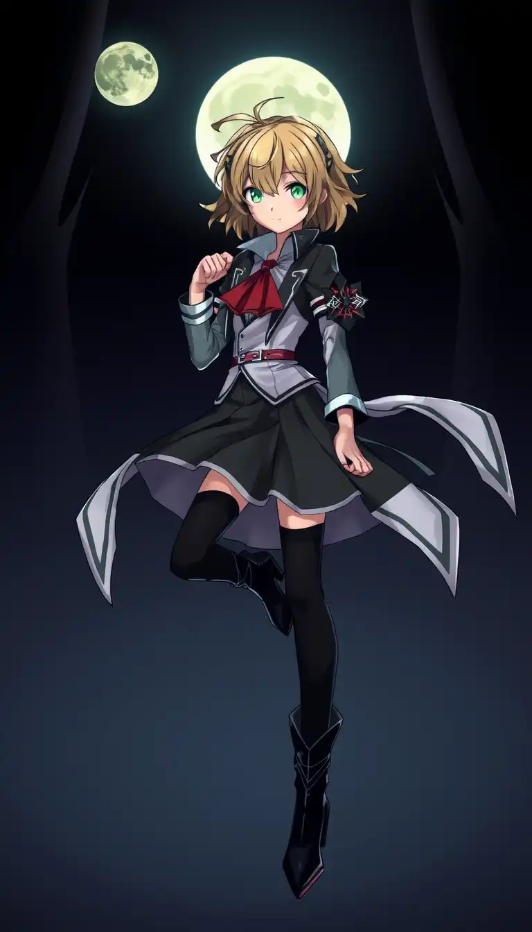 Maka Albarn, jeune Meister, cheveux blonds en couettes flottantes, yeux verts expressifs, tenue noire et blanche avec cravate rouge, jupe stylisée, bottes hautes, Soul Eater faux sombre à ses côtés, posture dynamique de combat, décor nocturne avec lune, style anime japonais ultra-réaliste et glamour, éclairage doux, détails des tissus et textures, mouvement fluide, ambiance gothique élégante, chic et puissant.