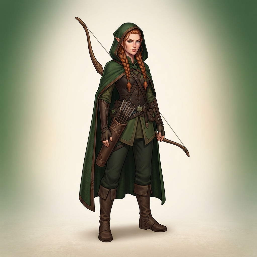 original character design of a woman elf archer, hooded forest green cloak, longbow and quiver, braided auburn hair, pointed ears, full body standing pose, clean soft gradient studio background, vibrant, crisp high detail, digital illustration, no text, no words, no watermark