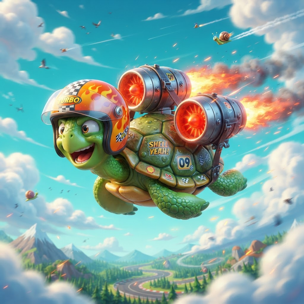Absurd surreal meme creature: a turtle with twin jet engines on its shell wearing a racing helmet zooming through the sky, glossy 3D cartoon render, silly and chaotic, vibrant saturated colors, crisp high detail