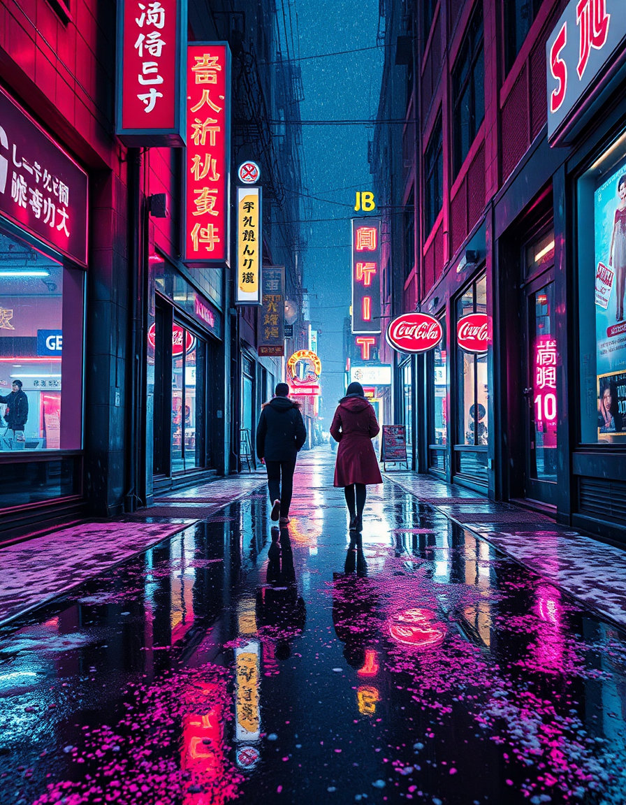 A couple walks through a narrow neon-lit alley as the first snow begins to fall. The puddled pavement behaves like a liquid mirror, doubling every sign and color. STYLE: anime urban chroma with high-intensity speculars, anamorphic color streaks, and rain-layered glass textures. COMPOSITION: deep perspective corridor with converging light rails; figures positioned as silhouettes framed by signage. LIGHTING: magenta–cyan bicolor scheme with soft atmospheric scattering from snowfall. MOOD: romantic, cinematic, rain-slicked magic.
