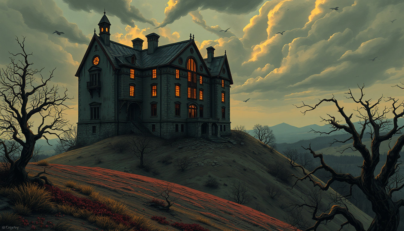 a haunting scene unfolds on a foreboding hill, where a crumbling, gothic-style mental hospital appears to be perched precariously, as if defying gravity and the passing of time. j.c. leyendecker's distinct touch imbues the image with vibrant, vintage lines that evoke the era of 80s graphic novels, characterized by high contrast colors and a striking visual dynamic. the edifice itself seems frozen in a state of decay, with intricate details and textures reminiscent of fine brushwork, layered glazes, and natural texture - all hallmarks of a digital oil painting that masterfully captures the subtleties of the human experience. each window, archway, and gabled slope is bathed in a warm, golden glow, inviting the viewer to linger in this eerie, atmospheric world. in the foreground, the landscape itself appears almost otherworldly, with rolling hills and twisted tree branches that seem to twist and writhe like living serpents. the palette is a muted one, with earth tones and rich berry colors dominating the scene. yet, despite the darkness of the setting, flashes of light dance across the sky above, suggesting a deep, unseen power at work. as with paintery medium's emphasis on matte-painting sensibility for backgrounds, the mental hospital appears to be growing organically from the very earth itself, blending seamlessly into the surrounding landscape. characters, if present, are imbued with concept-art quality refinement, with every detail and contour painstakingly rendered in exquisite, high-definition.