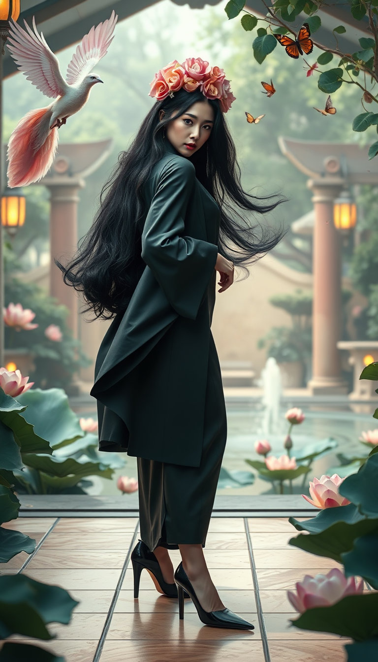 a curvy korean goddess with long midnight‑black hair crowned by lotus flowers stands in a hidden oasis gazebo of tiled floor, verdant foliage and lantern‑lit lotus pond, striking a cinematic high‑fashion pose: she strides forward through negative space, a flowing coat flaring sharply behind her as a gust catches it, one shoulder raised, cold untouchable expression, parisian glamour. a soaring phoenix arcs left, butterflies flutter right, olive trees and marble fountains hint in background. soft teal‑lavender‑coral‑sapphire palette muted to creamy highlights with amber candlelight, pastel aurora glow and gentle grain, giving a hazy golden‑edge glow.