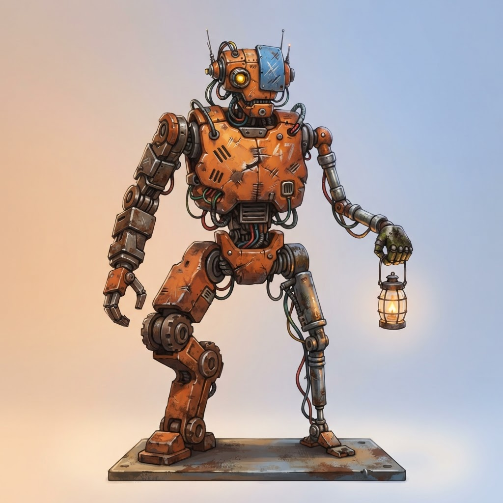 a rusty orange scrapyard robot character with mismatched limbs, a dented chest plate and a small lantern in one hand, full body original character design, clean soft gradient studio background, vibrant, crisp high detail, digital illustration, no text, no words, no watermark