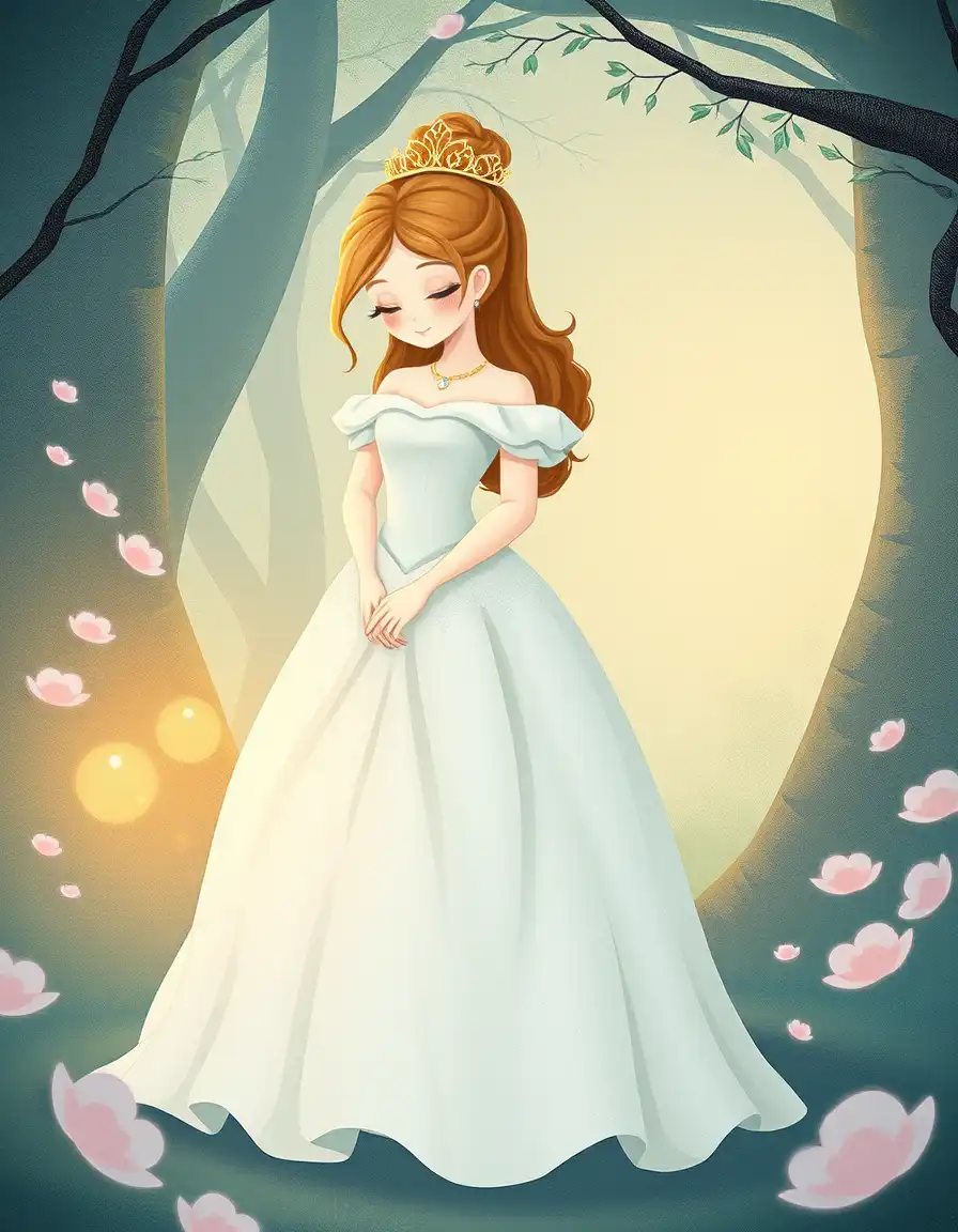 A simple fairytale princess, elegant, wearing a beautiful dress, soft pastel colors, standing in a magical setting, gentle and graceful, storybook illustration style
