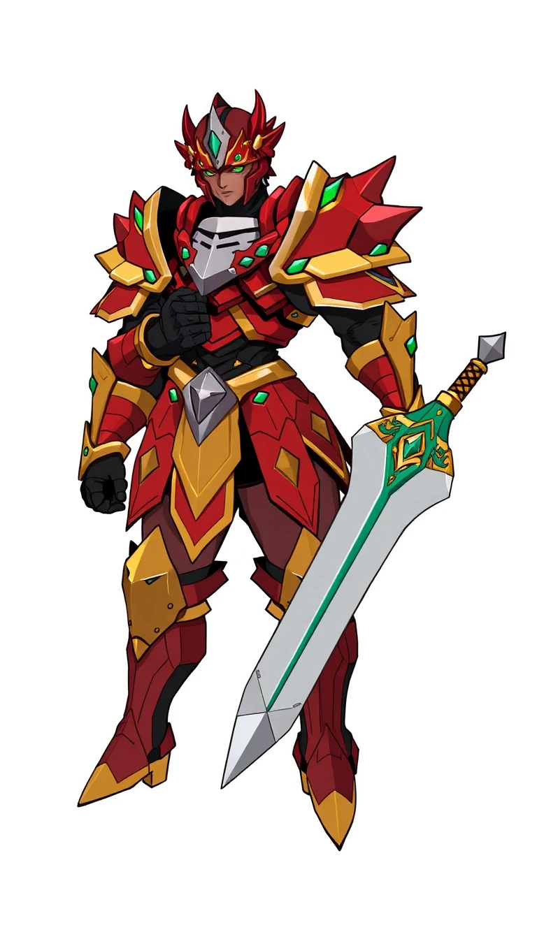 The image is a clean, stylized character illustration on a plain white background. The character is depicted in a full-body, slightly angled pose, shown from head to boots, with arms positioned as if one hand is near the chest and the other is holding or readying a long weapon. The character wears ornate, fantasy-style armor with angular, layered plates. The dominant colors are red and gold, with black and dark accents throughout. There are green decorative details—small gem-like shapes and highlights—embedded in several parts of the armor, including shoulder and torso areas. The character’s helmet and headpiece are elaborate, featuring sharp, crown-like protrusions and a prominent central faceplate that looks metallic and segmented, in light gray/silver tones. The armor includes a red-and-gold chest assembly with additional layered panels and accents around the neck and collar. The shoulders and upper arms feature thick, wing-like or shield-like structures with gold trim. The forearms and hands appear armored with segmented styling. The legs are similarly armored with red and gold panels, dark underlayers, and small green details near the knee/upper calf area. Foot armor is pointed and angular, colored mostly in gold with red and dark accents. A large, single-edged sword or long blade extends from the character’s right side toward the right edge of the image. The blade is pale gray with a teal-green accent line running along parts of its length, and the hilt area includes green and gold components with angular guard details. Overall, the art style is colorful and highly detailed, with sharp geometric shapes and decorative motifs, and no text or other objects appear besides the character and the weapon. 9:16 aspect ratio