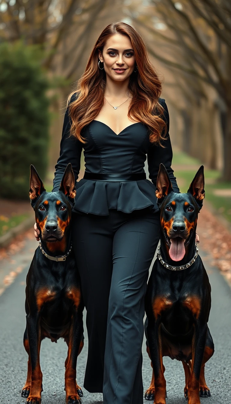 Un ritratto editoriale di alta moda a figura intera raffigura una donna che cammina con sicurezza lungo un sentiero lastricato in un parco, tenendo al guinzaglio due grossi cani.
Il soggetto
Aspetto: È una donna con splendidi occhi color nocciola, un trucco ben definito e un'espressione calma e composta, con un sorriso discreto a labbra chiuse. I suoi lunghi e voluminosi capelli castano dorato sono acconciati in folti ricci a cascata che le ricadono sulle spalle e lungo la schiena.
Abbigliamento: Indossa un'elegante tutina nera aderente in pelle o vinile. La parte superiore presenta un corpetto allacciato in stile corsetto con occhielli argentati, sottili spalline e una profonda scollatura. La parte inferiore è composta da pantaloncini neri aderenti abbinati. Ai piedi, indossa sandali neri minimalisti con tacco alto, un cinturino singolo sulle dita e un cinturino alla caviglia.
I cani
È affiancata da due grossi e muscolosi Dobermann che camminano al suo fianco.
Entrambi i cani hanno un pelo lucido, grigio-marrone (fulvo blu) con una vistosa macchia bianca sul petto.
Indossano spessi collari di strass scintillanti e hanno la bocca aperta in un'espressione rilassata e felice, con la lingua leggermente fuori.
Lei tiene un guinzaglio di cuoio nero in ogni mano, mantenendo una postura simmetrica e controllata.
Ambientazione e sfondo
Luogo: La scena è ambientata in un parco urbano, probabilmente Central Park, durante il caldo bagliore del tardo pomeriggio o dell'ora d'oro.
Percorso: Cammina lungo un sentiero di ciottoli grigi e ruvidi che si estende in primo piano.
Ambiente: A sinistra e a destra, si vedono prati verdi, alberi rigogliosi sopra la testa e una panchina del parco visibile in secondo piano.
Sfondo: Nello sfondo sfocato (effetto bokeh), i grattacieli della città si stagliano contro un cielo limpido e pallido. Si possono scorgere anche figure in lontananza e lampioni che proiettano una luce calda, aggiungendo profondità all'atmosfera del parco urbano.