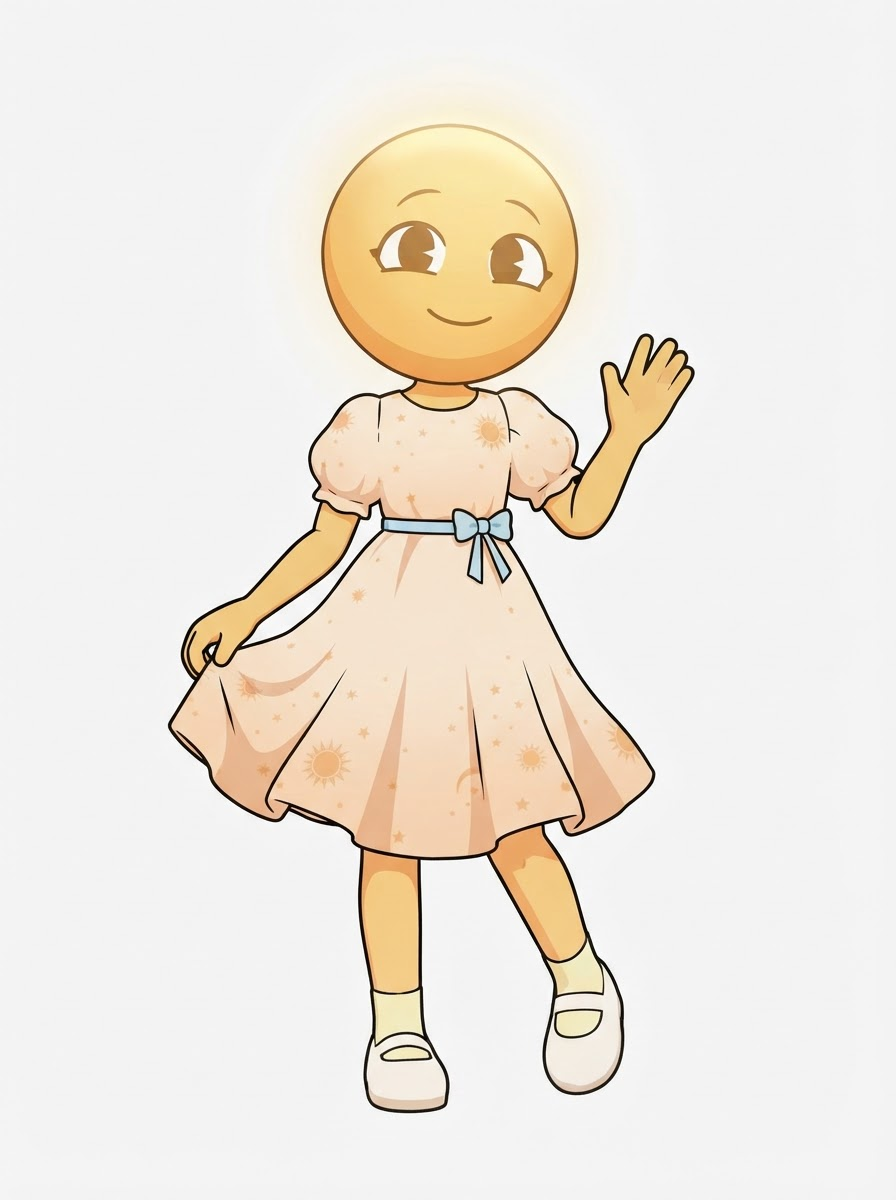 Close-up, white background, true Dandy's World toon style — bold clean linework, flat cel-shading, round golden sun-toon, bald glowing head, soft kind eyes, simple flowing dress, in the style of Dandy's World, cute 3D toon render, pastel-but-eerie colors, whimsical vending-machine world, full-body character portrait, centered, relaxed lively stance. SFW, everyone fully clothed in modest attire. Crisp detail, sharp focus, rich lighting, highly detailed