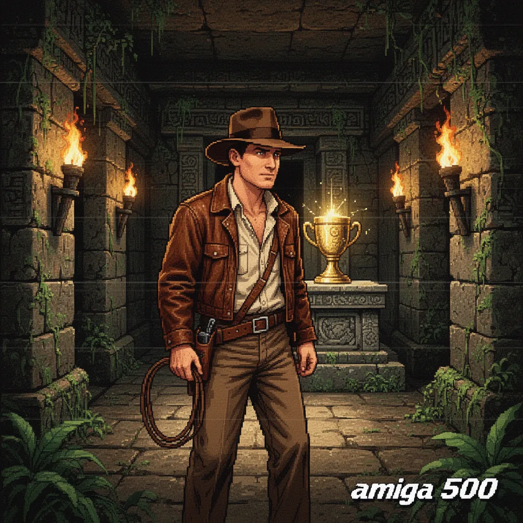 amiga 500 style pixel art scene rendered in authentic 1990s ocs graphics, using a strict 32‑color indexed palette with heavy pixel dithering and flat shading, all confined to a crisp 320×256 resolution that mimics the sharp, blocky pixels of a crt monitor with visible scanlines. the composition portrays indiana jones from *indiana jones and the last crusade* standing in a jungle temple corridor, his iconic fedora and leather jacket rendered pixel‑by‑pixel, his whip coiled at his side, and a gleaming holy grail artifact on a stone altar behind him. the lighting is low‑contrast, with deep shadows and bright highlights created solely by solid color blocks, no smooth gradients. the background features moss‑covered stone walls and flickering torchlight, all depicted in retro 16‑bit pixel art detail. at the bottom right corner, pixel‑perfect text reads “amiga 500” in a stylized retro font, completing the cinematic retro gaming look.