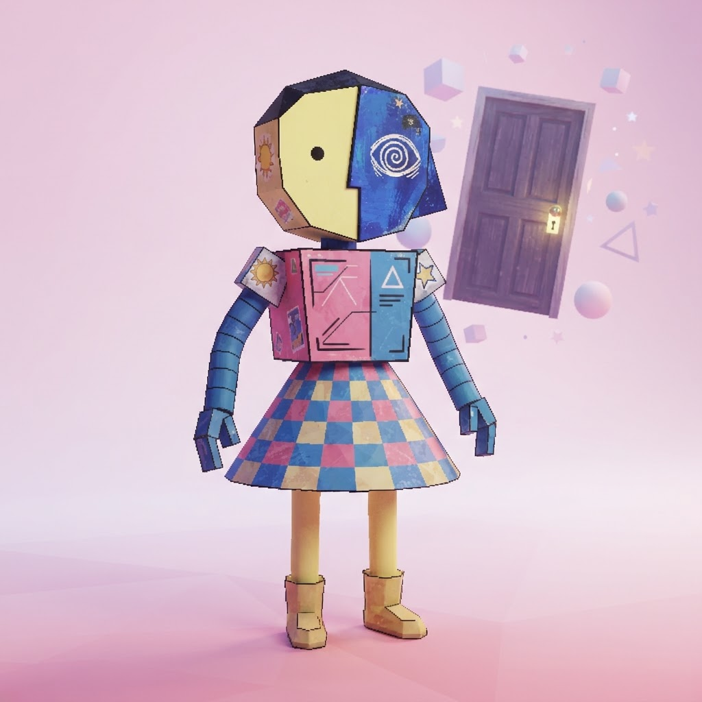surreal low poly 3D character, face split into two halves, left half flat pale yellow with a tiny dot eye, right half deep blue with rough painted texture and a spiral eye, box torso and cone skirt, tube arms, standing in a dreamlike pastel pink void with a floating door, mixed media collage look, retro PS1 render style, full body