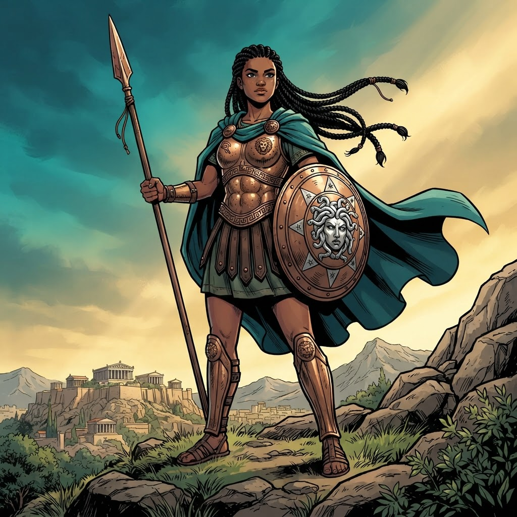 original greek demigod warrior character, young woman with dark skin and long black braids, bronze breastplate, spear and round shield, teal cloak, standing full body, bold ink lineart comic book illustration, flat cel shading, teal and gold gradient sky background, full bleed edge to edge composition with no border and no frame, crisp high detail, no text, no words, no watermark