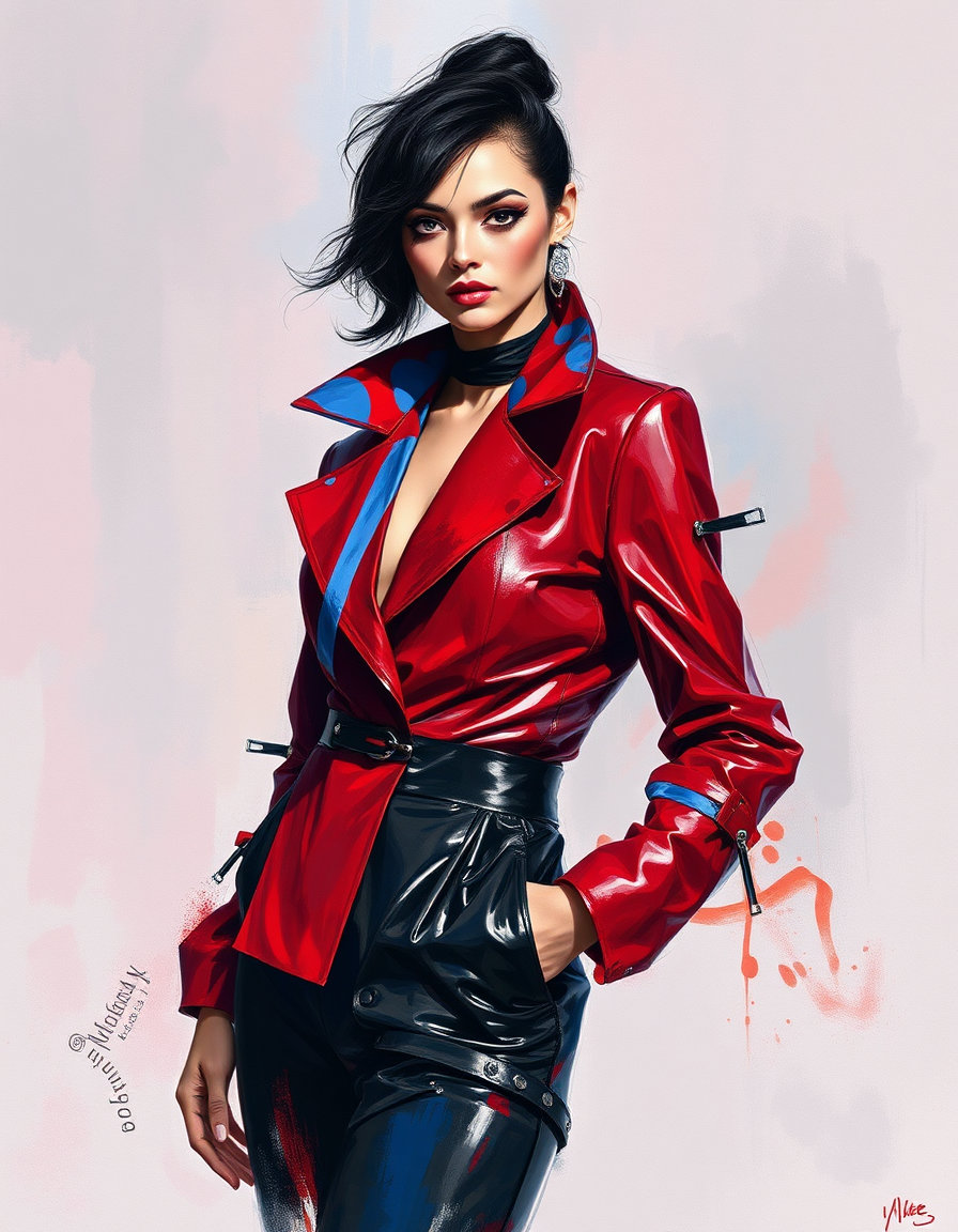 a modern couture model in a dramatic avant-garde outfit with bold cobalt and red palette, dramatic eyeliner, and glossy textures, stands confidently in a serene, dreamlike environment, surrounded by soft, whispery brushstrokes and translucent pastel hues, as if captured in a diffused morning light, with gentle halftone shading and a quiet, contemplative energy, rendered in a style of soft expressive gesturalism, with broad, lyrical brushstrokes and wet-on-wet blending, evoking a sense of ethereal vulnerability and modern luxury.