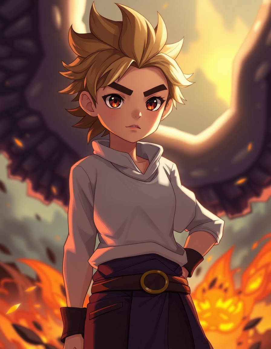 A cinematic fantasy character portrait in a stylized 2D animated hybrid aesthetic inspired by anime and Western animation. The character stands in a dynamic, story-rich pose with expressive eyes, subtle facial detail, and realistic anatomy blended with stylized exaggeration. Fluid motion feel, strong linework, and soft painterly shading. Lighting is dramatic and cinematic with glowing highlights and atmospheric depth. Background is richly illustrated fantasy environment with wind, energy, or elemental motion effects. The composition feels like an animated series still from an epic adventure show. Highly detailed, clean animation lines, vibrant but controlled color palette, emotional expression, dynamic framing, depth of field, slightly painterly texture, modern fantasy tone.