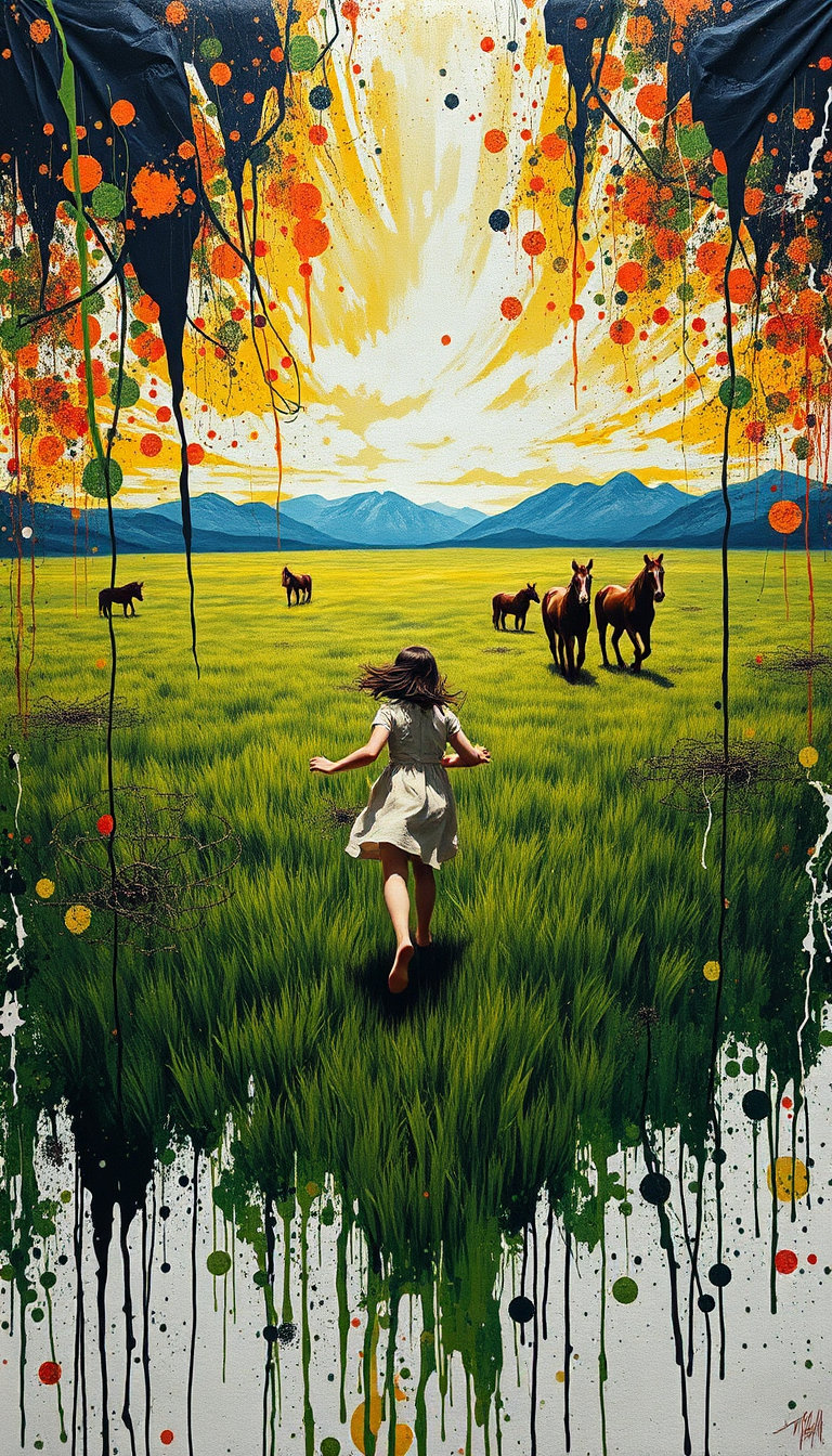 abstract pollock style, extremely complex deconstructed composition with chaotic splatters, vivid fluorescent light and shadow, distorted lines, rotation and tension filling the entire frame, wide‑angle perspective and elongated illusory forms. in the center, an eastern girl in a beige dress, long legs and bare feet, sprints across a green high‑grass countryside field under distant mountains and brown horses, seen from a top view. the gestural textile surface of layered impasto, woven threads, embroidered stitches and knotted yarn merges with the pollock‑like splatter, creating a shocking, oppressive atmosphere of emotional expression and absurd, nihilistic storytelling.