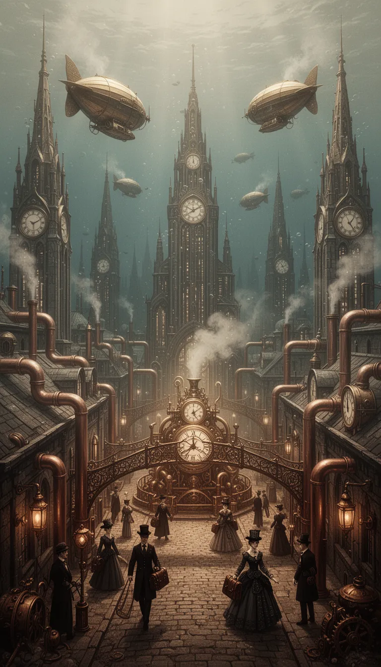 in a vast, sepia-toned underwater metropolis, grandiose spires and intricately designed clockwork towers pierce the dark blue horizon, while towering, brass-encrusted skyscrapers dominated the cityscape, their massive foundations anchored to the ocean floor. blimp-like submarines, adorned with gleaming copper pipes and polished brass fins, gently navigate the crystal-clear waters, emitting gentle puffs of steam as they move effortlessly through the city. winding copper pipes, thick as a man's thigh, traverse the city, transporting steam-powered energy to the heart of the metropolis. majestic, hissing copper tubes march across the city's rooftops, their rhythmic symphony accompanied by the ticking of delicate, polished brass gears. within the city's central square, a colossal, steam-spewing clockwork engine pulsumes to life, casting a warm, golden glow over the steampunk wonderland. amidst the grandeur, intricately detailed, filigree-style brass bridges connect the city's many spires, while the city's residents - dressed in elaborate, high-society attire - stroll along the cobblestone streets, their ornate, leather-bound accessories a testament to the city's victorian charm.