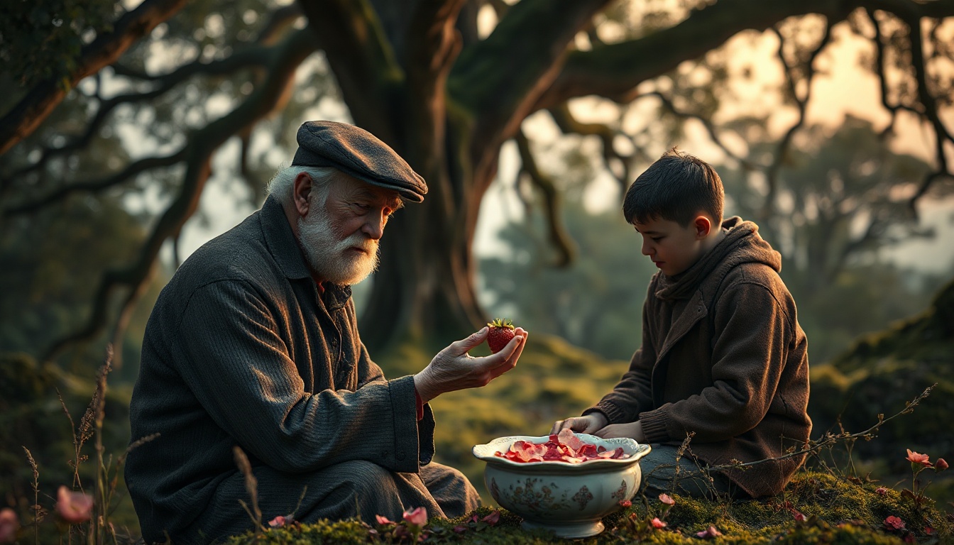 A deeply emotional and heartwarming scene featuring a patient, weather-worn old gentleman in a flat cap offering a tiny, ripe strawberry from an outstretched palm to a protective, warm-hearted older brother. Nearby, there is a beautiful, vintage porcelain bowl filled with fresh flower petals. The entire moment is set within a mossy clearing beneath an ancient, protective oak tree at dusk. The imagery evokes a powerful sense of love, connection, pure tenderness, and gentle nostalgia. Visual style: Art Nouveau influences, organic flowing lines, intricate natural details, and a soft, luminous color palette.