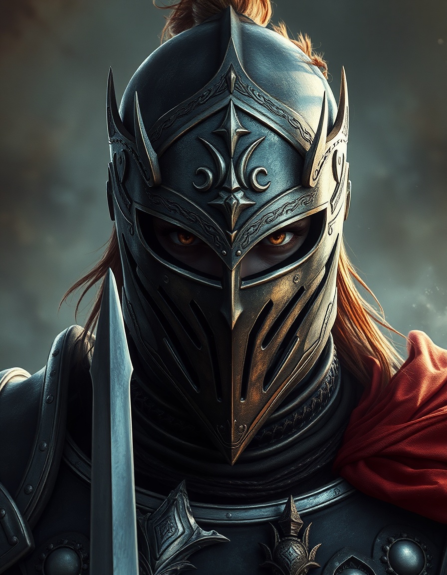 Fantasy character, romantasy style. Knight with face with metallic skin. Epic high fantasy concept art, cinematic wide shot, highly detailed, painterly realism, dramatic lighting.