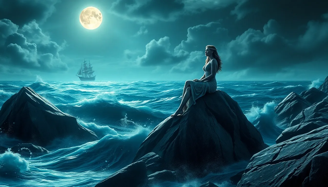 Greek Siren on Rocks
"A mystical siren sitting on sharp sea rocks, singing under the moonlight, stormy ocean waves crashing, sailors’ ship seen in distance, fantasy mythological style, cinematic, 16×9"