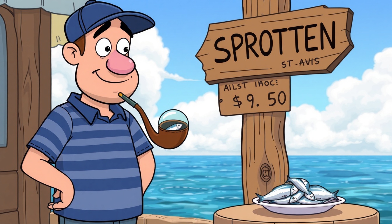 A cartoon character stands by a sign, smoking a pipe with a fish inside the glass chamber.

The character, wearing a blue cap and striped shirt, appears to be at a seaside location.

A wooden sign reads "SPROTTEN" with additional text and a price, suggesting a humorous context.

The setting is by the ocean, with water and cloudy skies in the background.

The composition includes a small table with a plate of fish in the foreground.

Lighting is bright and even, typical of a clear day.

Colors are simple and bold, featuring blues, whites, and browns.

The style is cartoonish with clean lines and exaggerated features.

The mood is humorous and whimsical, with a playful take on the scene.