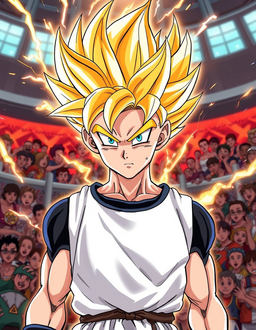 teen gohan from dragon ball z, depicted as a teenage super saiyan 2 in the cell saga, rendered in vibrant digital illustration with smooth, refined lines and a polished finish, stylized exactly like the dynamic, exaggerated art of the slam dunk anime: intense, expressive facial features, sharp angular shading, exaggerated motion lines, and dramatic, high‑contrast lighting, with gohan’s golden super saiyan hair spiking dramatically, fiery aura crackling around him, and the iconic cell‑filled background rendered in the bold, gritty manga‑style perspective of a basketball court showdown.