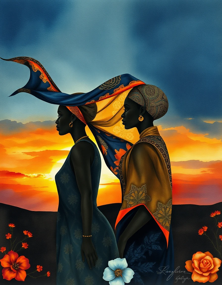 dutch masters detailed watercolor painting with soft focus, feathery brush strokes, wet blending and delicate texture, intense chiaroscuro and impasto brushstrokes, depicting african silhouettes adorned with intricate patterns and wearing a trailing silk scarf in vibrant indigo and ochre, its fabric whipped by dramatic wind and illuminated with dynamic lighting, rendered in a bauhaus geometric aesthetic of flat vector shapes and sharp edges. the figures stand before a moody sunset sky, deep lapis and warm gold hues, with subtle rose‑tinged flesh and nuanced greens. lithograph‑ink texture hints beneath the glazed layers, and calligraphic floral ornamentation frames the asymmetrical composition.
