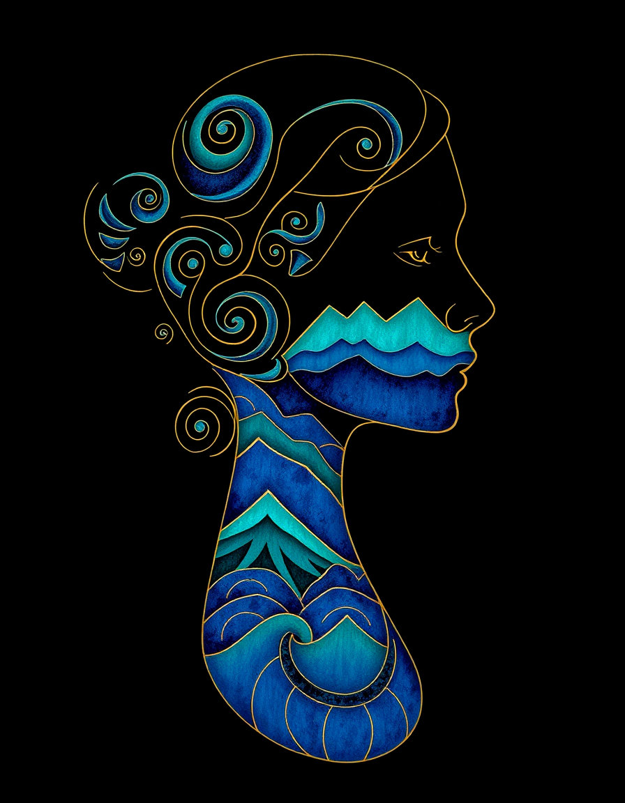 portrait silhouette of a female head and upper body, face forward, rendered in bold maori ta moko style with curvilinear koru spirals and fish‑scale motifs, set against a deep black background, in a blue‑and‑green landscape painting style using vivid azurite blue and malachite green mineral pigments, gold outlines accenting ridgelines, layered receding mountain planes and decorative cloud bands, luminous polished surface, surreal tonal inversion with ghostly white and ethereal pink skin, false‑color crimson and cyan highlights.
