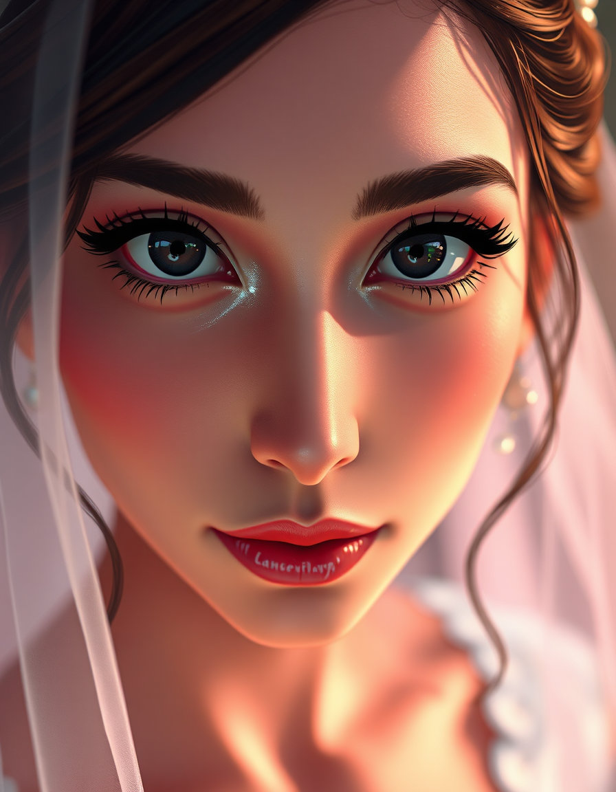 in a scene reminiscent of whimsical anime stylization, where bold linework and controlled chromatic harmonies come together to create a vibrant and cinematic atmosphere, a captivating close up shot fills the frame. the subject, a bride, stands at the forefront, her face taking center stage. the lighting, intense and personal, highlights the contours and textures of her skin, making her surfaces feel tactile and inviting. 

the focus is sharp, capturing the intricate details of her face, from the subtle shifts in light to the delicate edges of her features. the background dissolves into a buttery blur, leaving the bride suspended in clarity. the edges of the frame feel intimate, pressing in close, almost claustrophobic, forcing the viewer's attention to linger on her face.

her dark eye makeup is accentuated by a glittery mascara, the sparkles reflecting light and adding an air of mystique to an already enchanting scene. the dark hues create a striking contrast with the delicate pastel colors that dance across the bridge of her nose, the soft pink glow subtly evident beneath her skin. the overall effect is one of immediate intensity and personalized intimacy, as if the viewer is indeed within the bride's inner space.

against the soft, gentle backdrop of a fairytale environment, the bride's darkened features stand out with an air of mystery and wonder. chromatic harmonies reminiscent of illuminated manuscripts and storybook illustration swirl around her, creating an atmosphere of emotional comfort and magical mystique. the materials in the scene reflect a subtle pearlescent sheen, as if dusted with micro-glitter or enchanted pollen, allowing highlights to bloom with mild diffusion. atmospheric effects, such as mist and volumetric rays, reinforce the perception of an otherworldly realm where physics yields to narrative symbolism. 

however, the presence of the acid pastel style injects a dissonant note into the scene, with delicate pastel bases overcharged with sudden acidic jolts of neon lime and electric magenta. edges bleed between gentle and toxic, the clash vibrating at the eye. in this particular image, the acid pastel influence is felt more in the vibrant colors surrounding the bride's face, but not so much in the rest of the scene, creating a unique juxtaposition of dark romanticism and whimsical fantasy.