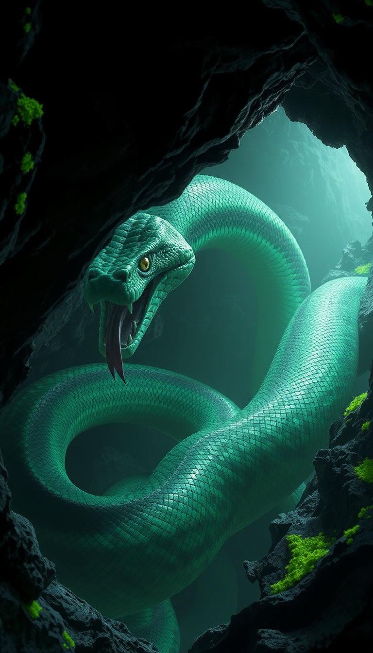 The cavern yawns like a forgotten throat, its jagged walls slick with the ghostly glow of bioluminescent moss that pulses like a slow, alien heartbeat. There, in the suffocating hush, a monstrous serpent unravels its sinuous length across the uneven stone, each movement a deliberate, hypnotic dance. Its scales—glossy as polished obsidian—catch the eerie light, shimmering in swirls of venomous green and midnight black, as if the creature carries the very essence of the abyss within its skin. The air thickens with tension as the serpent gathers itself, muscles rippling beneath its armored hide, coiling tighter, tighter, until its massive form becomes a living vortex of coiled menace. Then, with predatory grace, it lifts its wedge-shaped head, forked tongue flickering like a warning, golden eyes narrowing into slits of cold, calculating hunger. The camera creeps forward, inch by breathless inch, until the serpent’s fanged maw fills the frame—close enough to feel the heat of its breath, to see the glint of malice in its gaze, to know, without doubt, that this is a beast that does not blink.