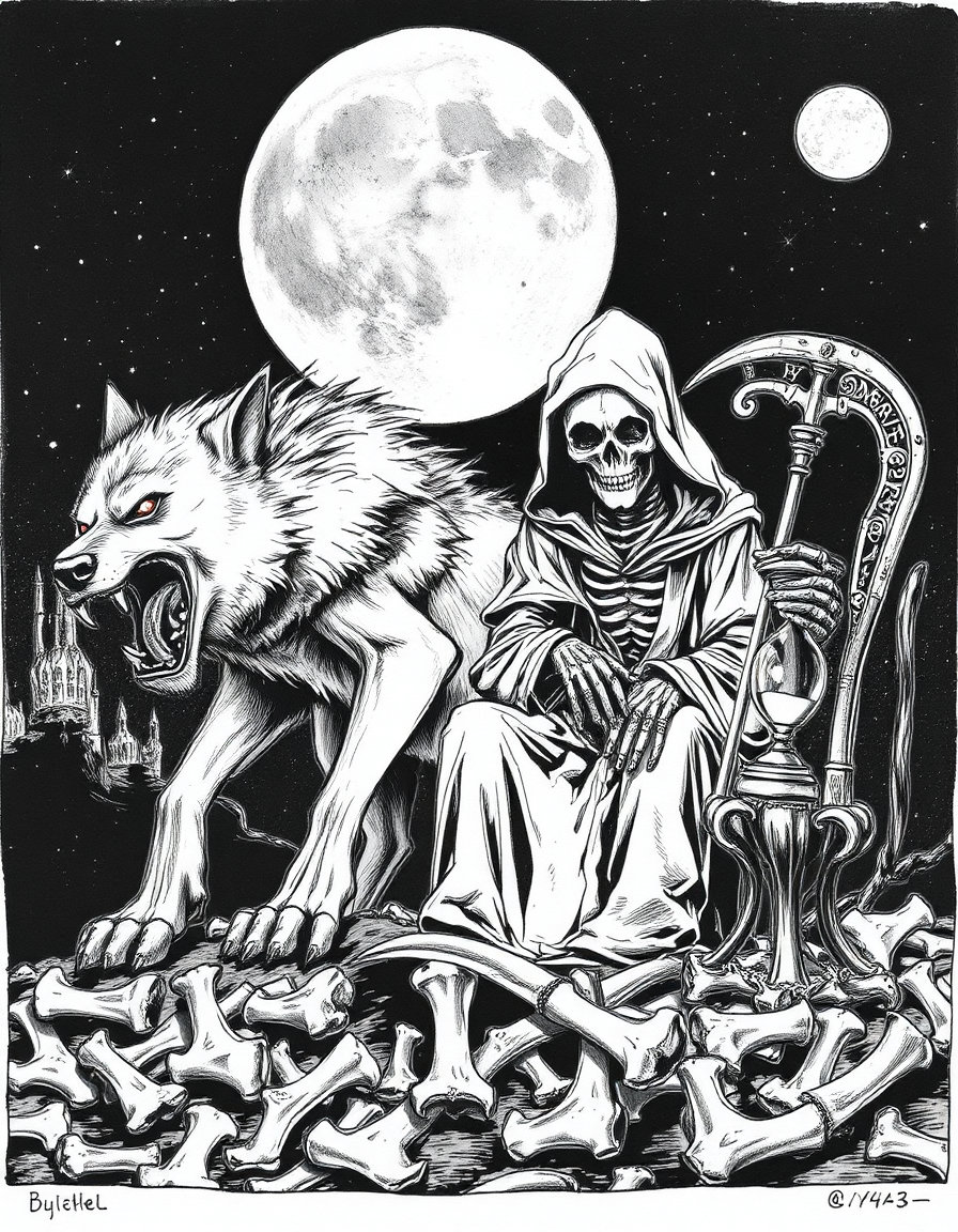## Style
- Medium: Ink wash, pen and ink, monochrome lithographic simulation
- Technique: Cross-hatching, stippling, hatching, contour line work, micro-detailing
- Rendering Approach: Hyper-realistic line art, high-contrast engraving style, graphic novel aesthetic
- Color Treatment: Monochromatic grayscale, high-key blacks, low-key whites, absence of chromatic color
- Value & Contrast: Extreme chiaroscuro, high dynamic range, stark tonal separation
- Detail Density: Ultra-high fidelity, intricate linework, dense texture mapping
- Era / Movement: Gothic Revival, Romanticism, Dark Fantasy, Victorian Illustration
## Subject
- Identity / Type: Anthropomorphic wolf, skeletal grim reaper, raven, hourglass, scythe
- Pose & Gesture: Wolf in aggressive snarling stance, reaper seated in static contemplation, raven perched alertly
- Distinctive Features: Wolf with bared teeth and glowing eyes, reaper with skull face and tattered robe, scythe with inscribed blade
- Clothing or Equipment: Tattered hooded robe, skeletal hands, ornate scythe, hourglass on bone stand
- Scale & Proportion: Monumental scale, exaggerated anatomical features, symbolic rather than realistic proportions
## Environment
- Location Type: Otherworldly void, metaphysical landscape, symbolic underworld
- Time of Day: Eternal night, moonlit epoch, timeless darkness
- Weather & Atmosphere: Stillness, void-like atmosphere, absence of wind or movement
- Foreground Elements: Scattered bones, skeletal remains, hourglass on bone pedestal
- Background Elements: Full moon with cratered surface, starfield, distant crystalline formations
- Architectural or Natural Features: No architecture, natural bone structures, celestial bodies
## Mood
- Primary Emotional Tone: Ominous, foreboding, macabre, solemn
- Energy Level: Intense but static, tension-filled stillness
- Tension or Calm: High tension through aggressive wolf pose vs. calm reaper posture
- Genre Association: Dark fantasy, horror, gothic horror, mythological allegory
## Lighting
- Light Source(s): Full moon backlighting, internal glow from wolf eyes, ambient void light
- Direction: Backlit from behind reaper, side-lit wolf face, rim lighting on edges
- Quality (Hard / Soft): Hard-edged shadows, crisp highlights, defined light boundaries
- Color Temperature: Cool monochrome, neutral grayscale, no warm tones
- Key-to-Fill Ratio / Contrast: Extreme key-to-fill ratio, near-zero fill, maximum contrast
- Shadow Character: Deep, absolute blacks, sharp shadow edges, no soft transitions
- Atmospheric Light Effects: No atmospheric haze, no volumetric fog, pure line-based illumination
## Composition
- Framing & Crop: Vertical portrait orientation, centered subject composition, full-body framing
- Camera Angle: Eye-level perspective, frontal view, symmetrical alignment
- Subject Placement: Central axis alignment, wolf in foreground, reaper mid-ground, moon background
- Compositional Rules in Use: Rule of thirds (moon placement), symmetry, balance between organic and skeletal elements
- Depth Layers: Three distinct planes — foreground bones, mid-ground figures, background moon
- Negative Space: Minimal negative space, filled with detailed linework and symbolic elements
## Texture
- Primary Materials: Bone, fur, fabric, metal (scythe), glass (hourglass), celestial surface
- Surface Quality: Rough bone texture, coarse fur, frayed fabric, smooth glass, cratered moon
- Reflectivity & BRDF Character: Specular highlights on hourglass and moon, diffuse reflection on fur and fabric
- Wear, Patina, & Imperfections: Tattered robe edges, weathered bone surfaces, cracked scythe blade, worn hourglass
## Camera
- Shot Type: Full shot, medium-long shot, symbolic tableau
- Implied Focal Length: 50mm-equivalent, moderate field of view, balanced perspective
- Depth of Field & Aperture Feel: Deep depth of field, all elements in focus, no selective blur
- Bokeh Character: No bokeh, sharp focus throughout, no lens-induced blur
- Lens Artifacts: No lens distortion, no chromatic aberration, clean optical rendering