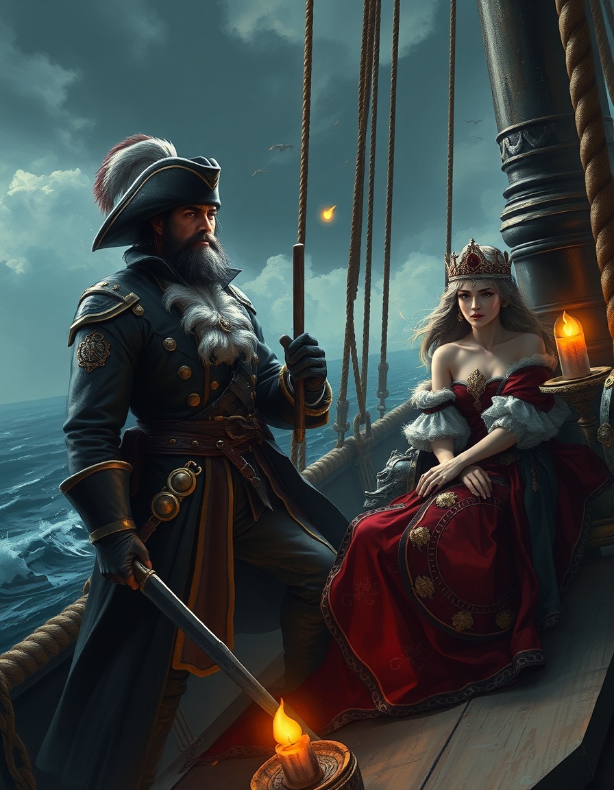 Fantasy character, romantasy style. A rogue sea captain and a royal on a ship. Epic high fantasy concept art, cinematic wide shot, highly detailed, painterly realism, dramatic lighting.