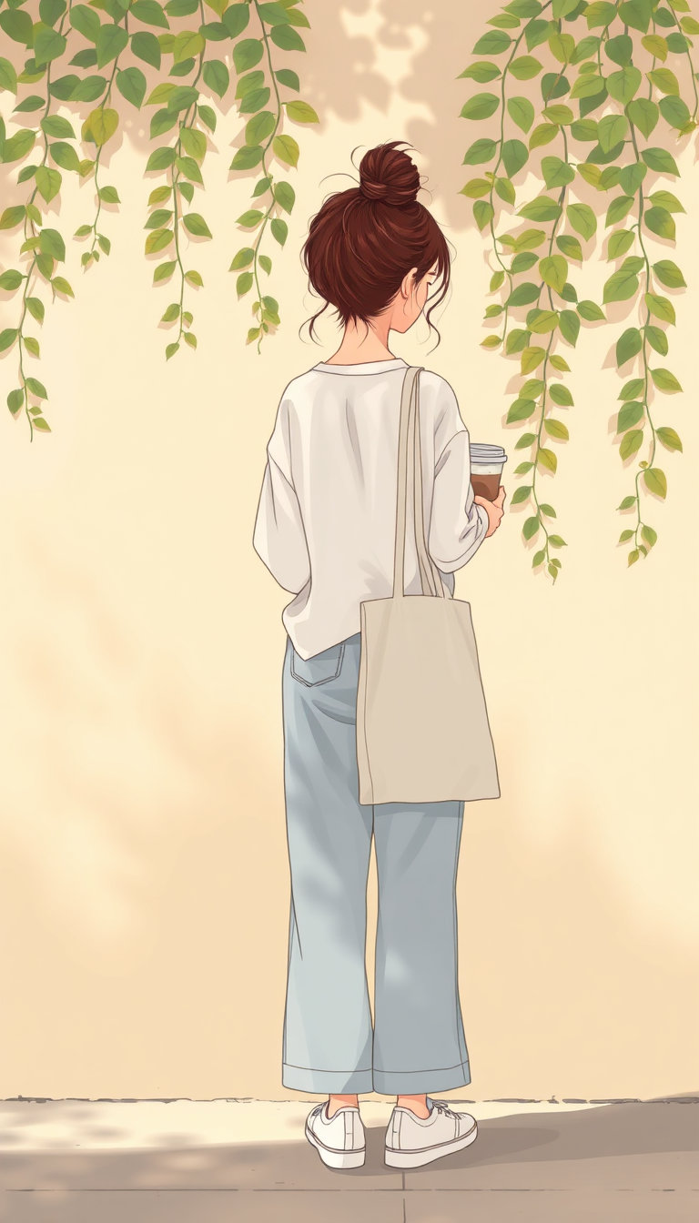 Anime girl standing with her back facing the camera beside a soft beige wall covered in hanging green vines, warm golden sunlight casting dreamy leaf shadows across the scene, messy bun hairstyle with elegant claw clip, oversized white shirt with loose light-blue wide-leg jeans, white sneakers, canvas tote bag hanging from shoulder with minimal typography, holding an iced coffee cup casually, peaceful slice-of-life atmosphere, cozy Pinterest aesthetic, Korean webtoon inspired anime art style, soft painterly shading, clean delicate line art, muted pastel tones, cinematic natural lighting, calm candid pose, highly detailed anime illustration, soft depth of field, ultra aesthetic, 9:16, 8K
