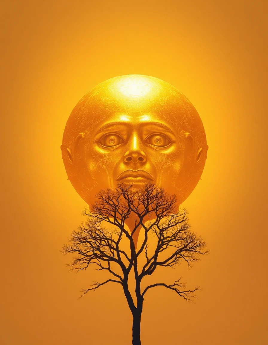 The sun descends as a molten golden mask, its liquid features flowing in slow, viscous drips. COMPOSITION: centered circular form dominating frame; horizon extremely low, emphasizing celestial scale. LIGHTING: intense metallic bloom, high dynamic range reflections on rippling gold. STYLE: symbolist surrealism fused with molten-metal VFX—fluid simulations, mirror distortions, soft atmospheric diffusion. A single tree silhouette stands below, branches bending in radiant heat waves. MOOD: divine, uncanny, hypnotic.