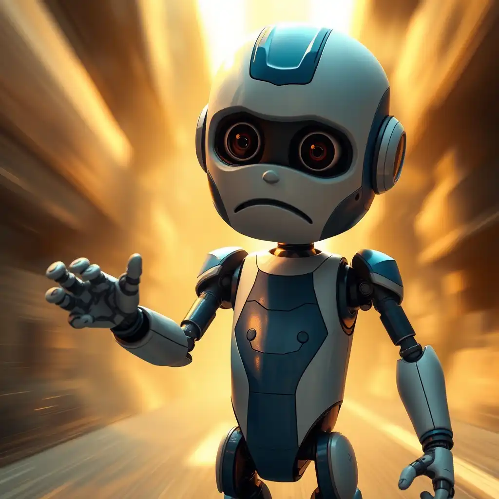 A sad, blue-and-white humanoid robot stands at the center of the frame, its large, expressive eyes a